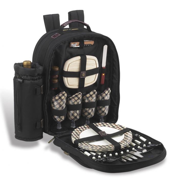 Deluxe Equipped 4 Person Picnic Backpack with Cooler & Insulated Wine Holder – London Plaid