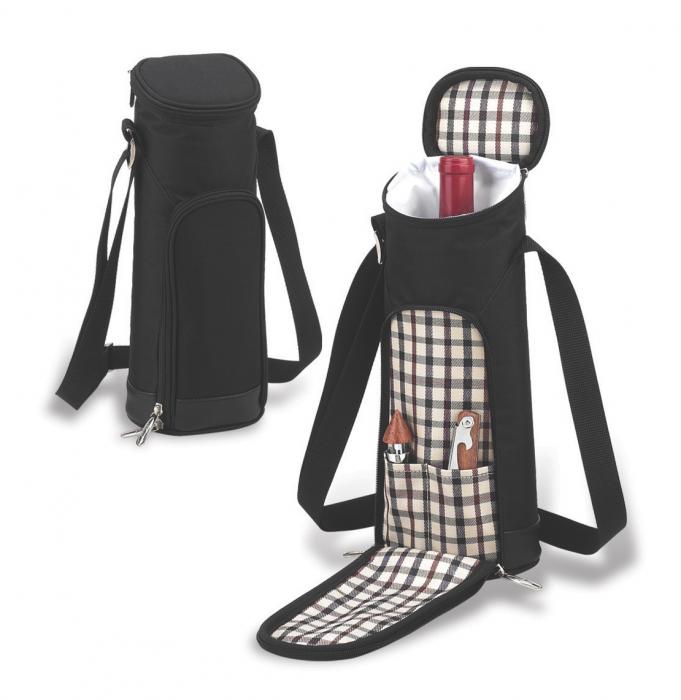 Single Bottle Insulated Wine Tote – Black/London Plaid