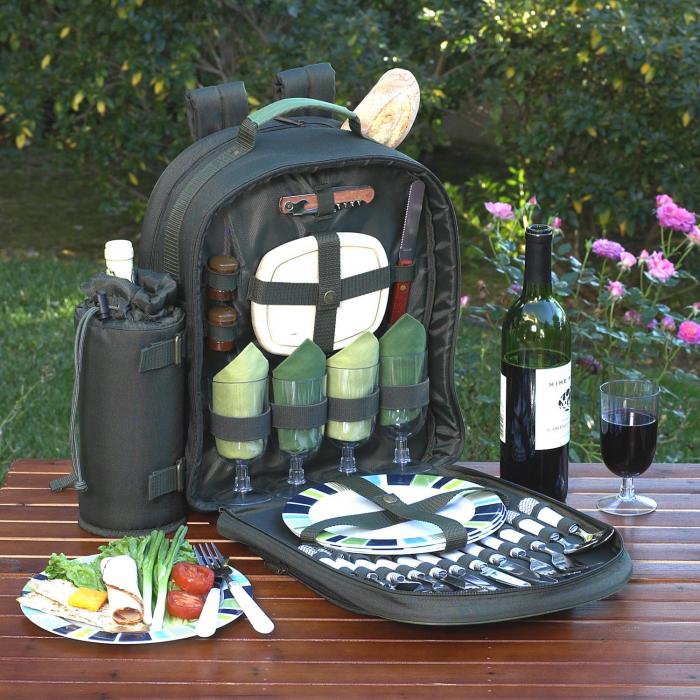 Deluxe Equipped 4 Person Eco Picnic Backpack with Cooler & Insulated Wine Holder – Forest Green