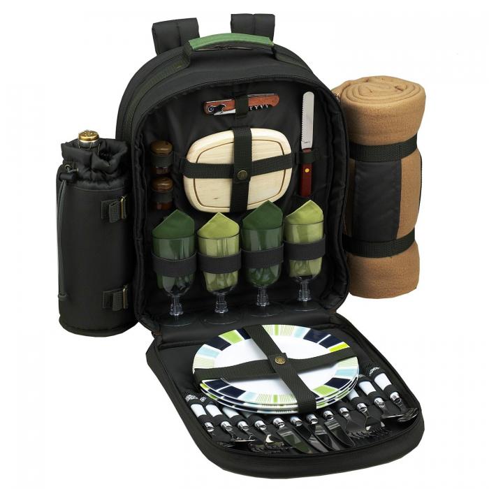 4 Person Picnic Backpack w/Blanket – Forest Green