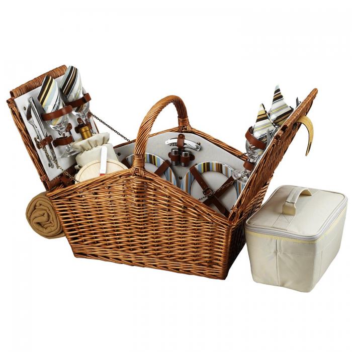 Huntsman English-Style Willow Picnic Basket with Service for 4 and Blanket – Santa Cruz