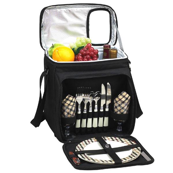 Insulated Picnic Basket/Cooler Fully Equipped with Service for Two -Black/London Plaid