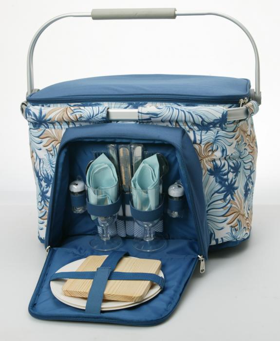 2 Person Foldaway Aluminum Framed Blue Picnic Cooler Basket