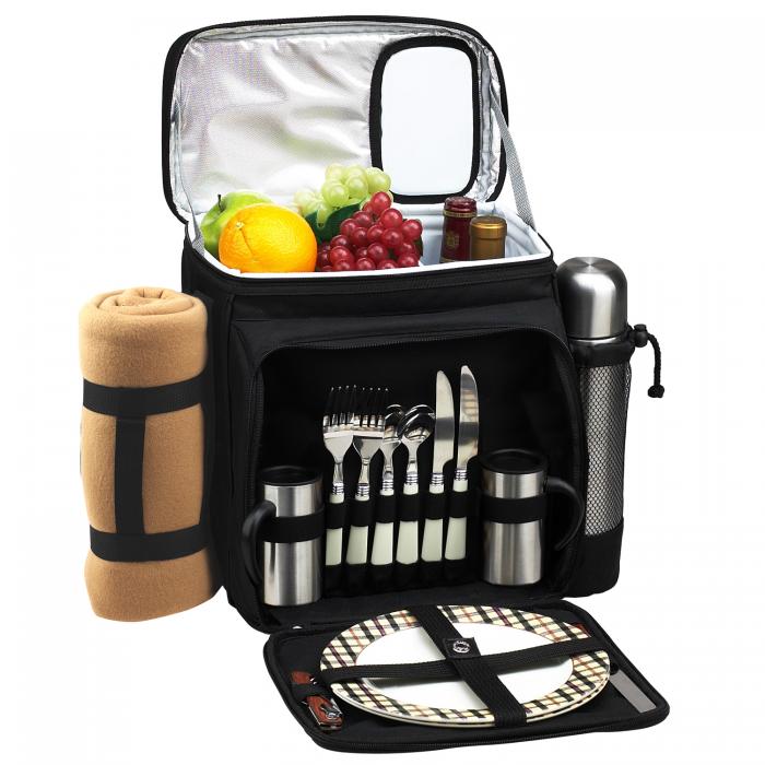 Insulated Picnic Basket/Cooler Fully Equipped for 2 with Coffee Service and blanket – Black/London