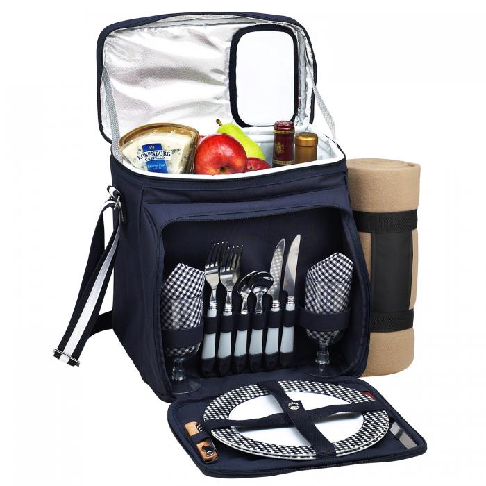 Insulated Picnic Basket/Cooler Fully Equipped for 2 with Blanket – Navy/White