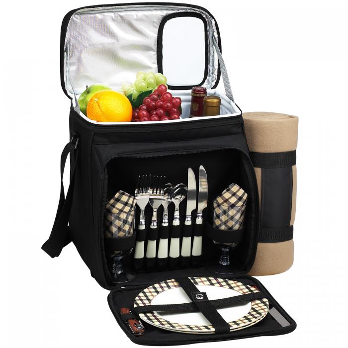 Insulated Picnic Basket/Cooler Fully Equipped for 2 with Blanket – Black/London Plaid