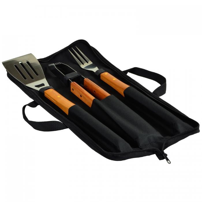 3 Piece BBQ Tool Set with Wood handles and Carry Case