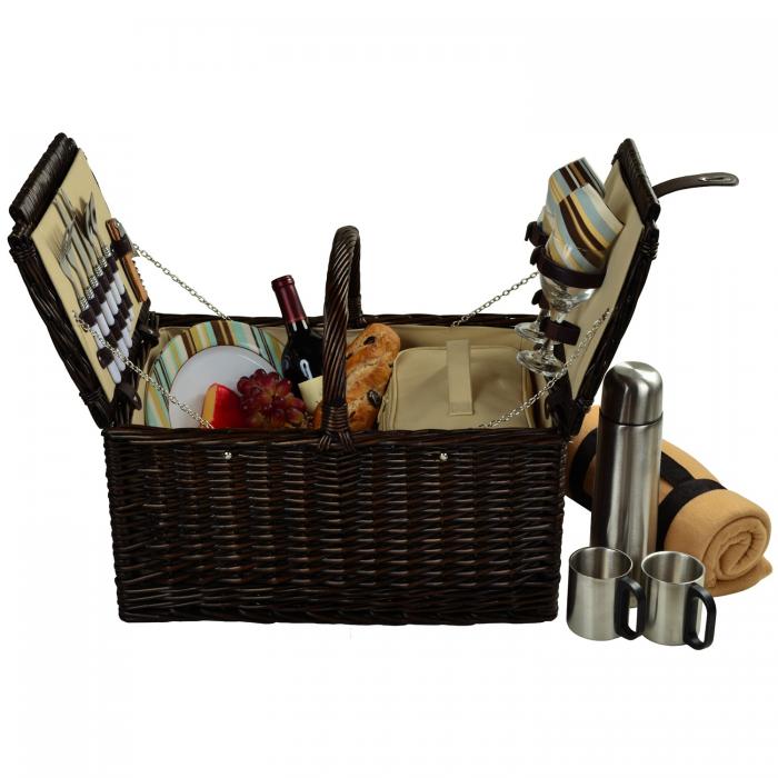 Surrey Picnic Basket for 2 w/Blanket & Coffee, Brown Wicker/Santa Cruz Stripe