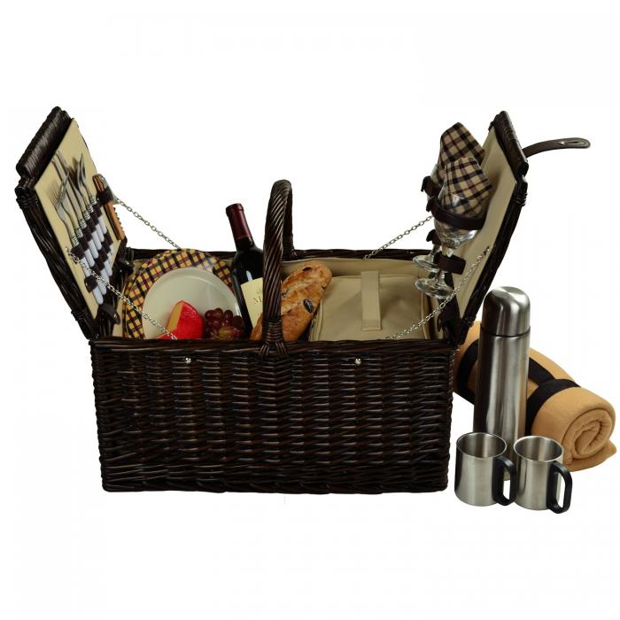Surrey Picnic Basket for 2 w/Blanket & Coffee, Brown Wicker/London Plaid