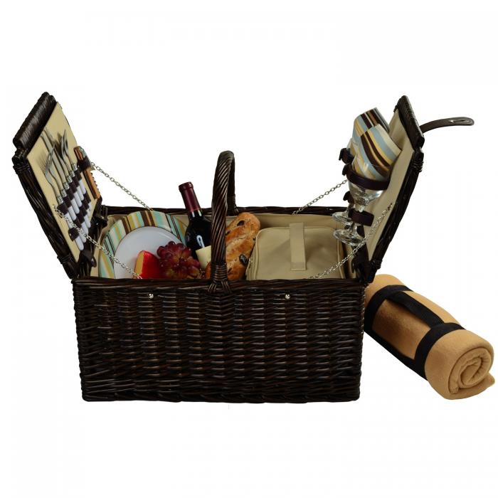 Surrey Picnic Basket for 2 w/Blanket, Brown Wicker/Santa Cruz Stripe