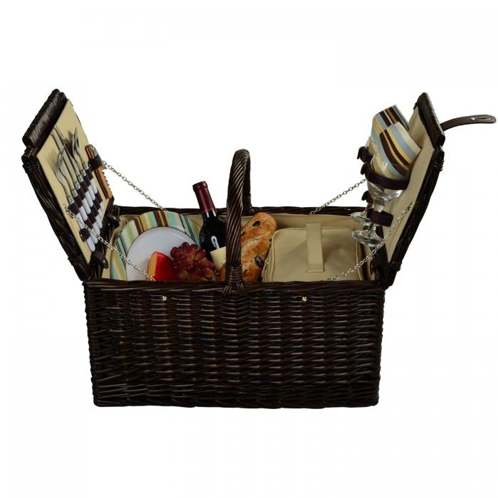 Surrey Willow Picnic Basket with Service for 2 – Brown Wicker/Santa Cruz Stripe