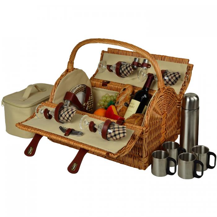Yorkshire Willow Picnic Basket with Service for 4 with Coffee Set – London Plaid