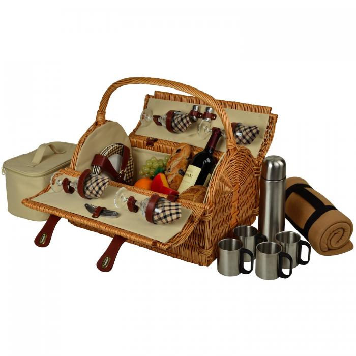 Yorkshire Willow Picnic Basket with Service for 4,Coffee Set and Blanket – London Plaid