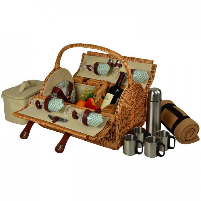 Yorkshire Willow Picnic Basket with Service for 4, Coffee Set and Blanket – Gazebo