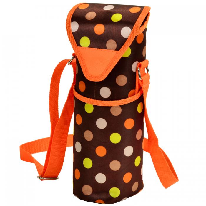 Insulated  Wine/Water Bottle Tote with Shoulder Strap –  Brown Julia Dot