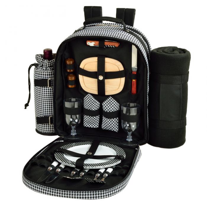 Deluxe Equipped 2 Person Picnic Backpack with Cooler, Insulated Wine Holder & Blanket – Houndstooth