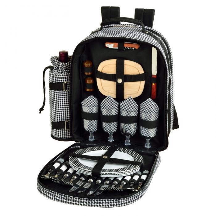 Deluxe Equipped 4 Person Picnic Backpack with Cooler & Insulated Wine Holder – Houndstooth