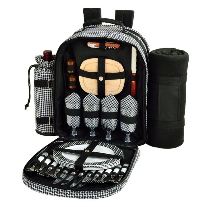 Deluxe Equipped 4 Person Picnic Backpack w/Blanket – Houndstooth