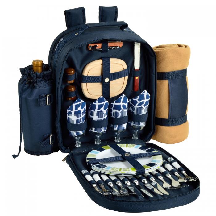 Deluxe Equipped 4 Person Picnic Backpack w/Blanket – Trellis Blue