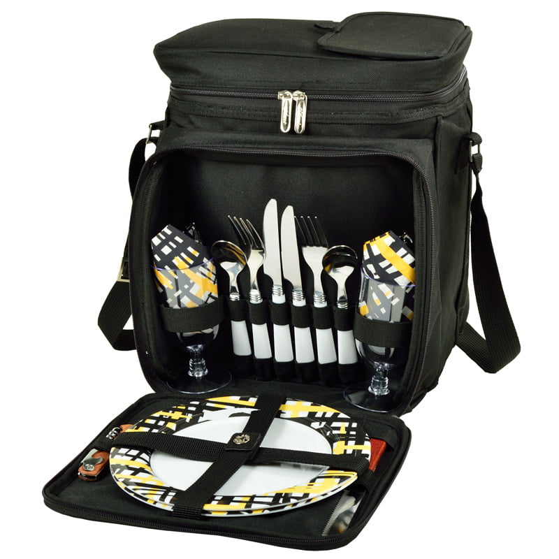 Insulated Picnic Basket/Cooler Fully Equipped with Service for Two – Black/Paris