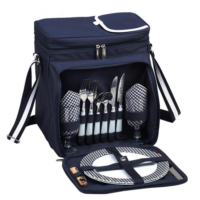 Insulated Picnic Basket/Cooler Fully Equipped with Service for Two – Navy/White