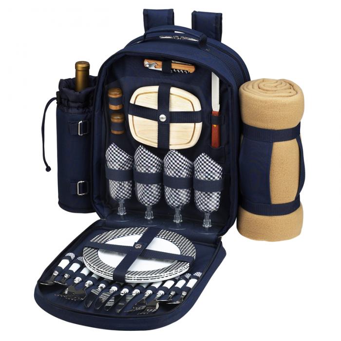 Deluxe Equipped 4 Person Picnic Backpack w/Blanket – Navy /White