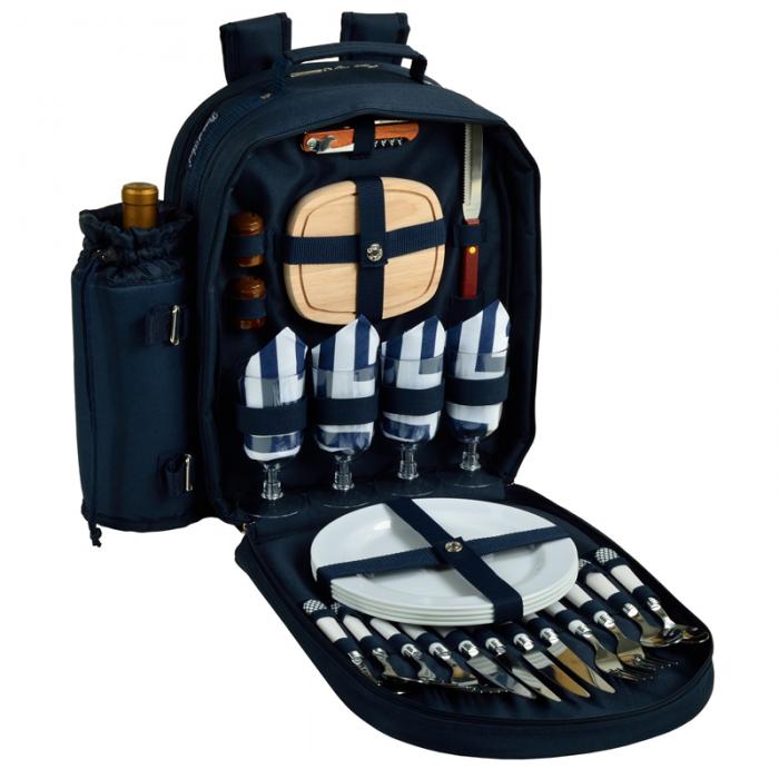 Deluxe Equipped 4 Person Picnic Backpack with Cooler & Insulated Wine Holder – Chevron Blue
