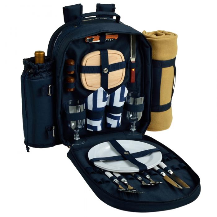 Deluxe Equipped 2 Person Picnic Backpack w/Blanket – Navy/Chevron