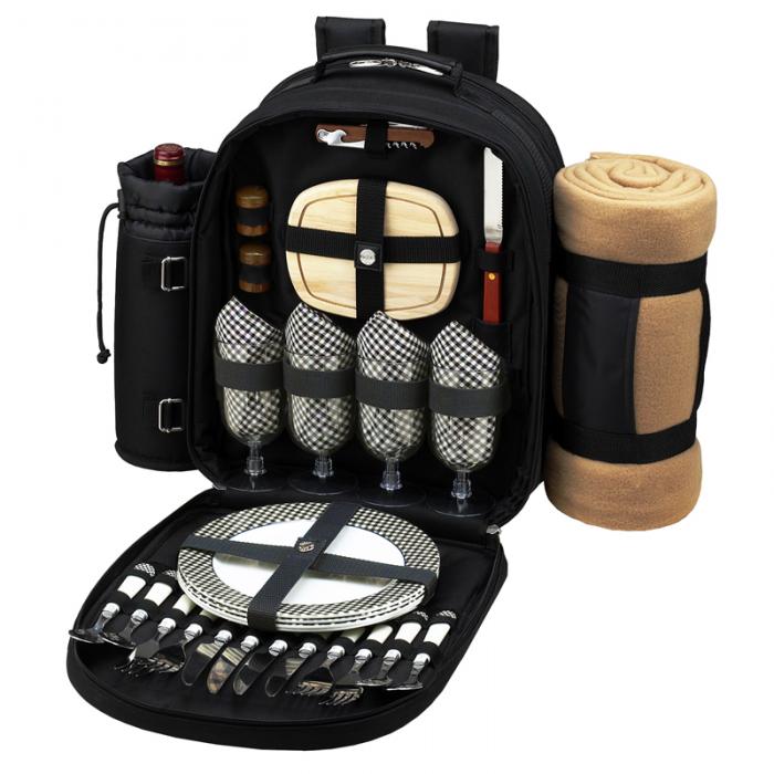 Deluxe Equipped 4 Person Picnic Backpack w/Blanket – Black