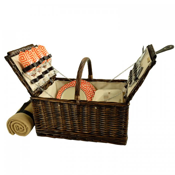 Buckingham Willow Picnic Basket w/Service for 4 with Blanket – Diamond Orange