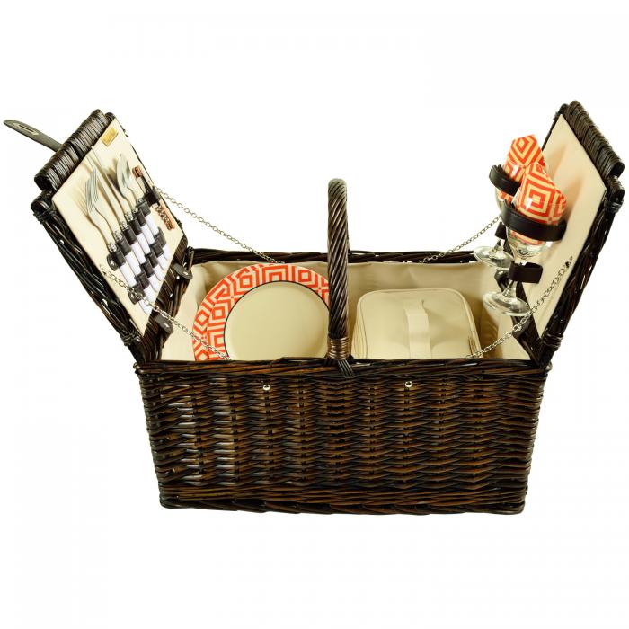 Surrey Willow Picnic Basket with Service for 2 – Brown Wicker/Diamond Orange