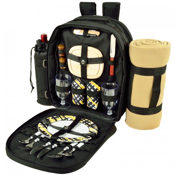 Deluxe Equipped 2 Person Picnic Backpack w/Blanket – Black /Paris