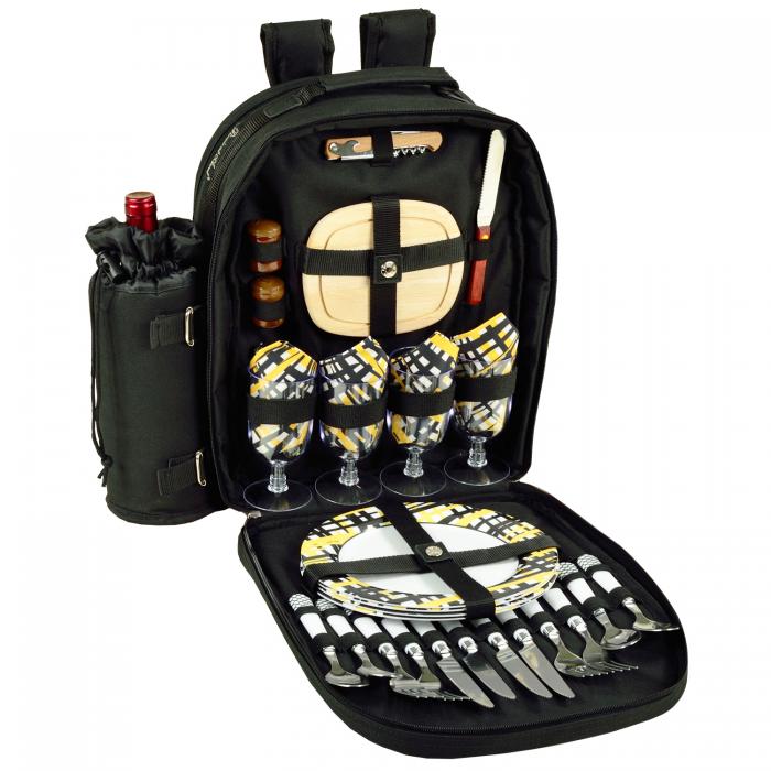 Deluxe Equipped 4 Person Picnic Backpack w/Blanket -Black /Paris