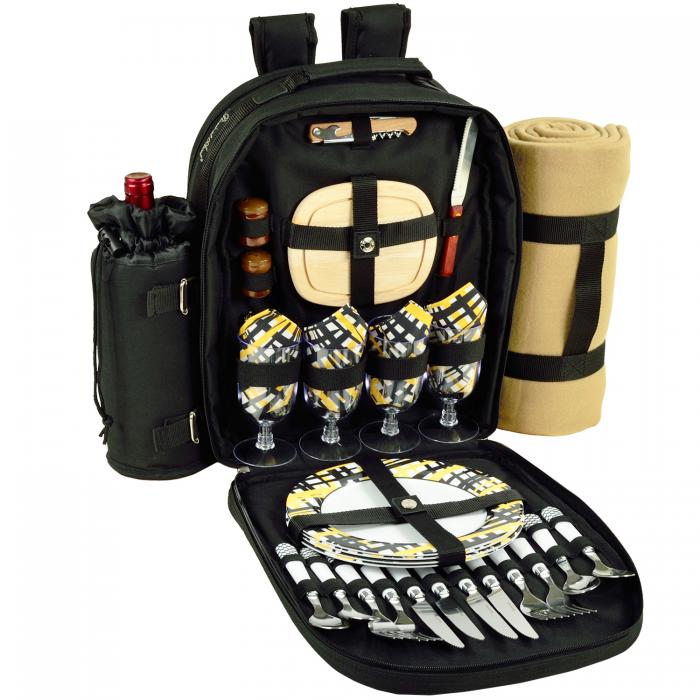 Deluxe Equipped 4 Person Picnic Backpack w/Blanket – Black/Paris