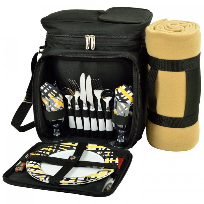 Insulated Picnic Basket/Cooler Fully Equipped for 2 with Blanket – Black/Paris