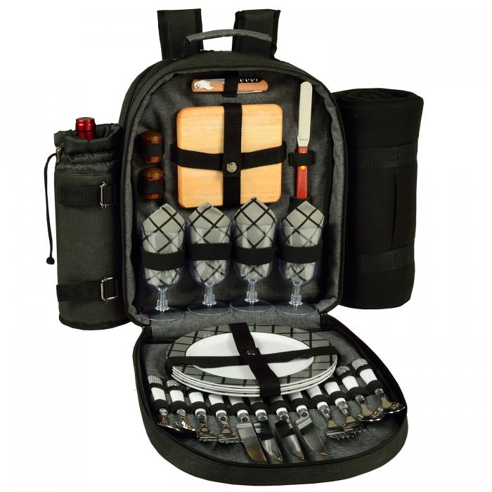 Deluxe Equipped 4 Person Picnic Backpack w/Blanket – Charcoal