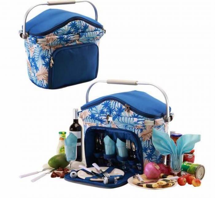 4 Person Foldaway Aluminum Framed Blue Picnic Cooler Basket