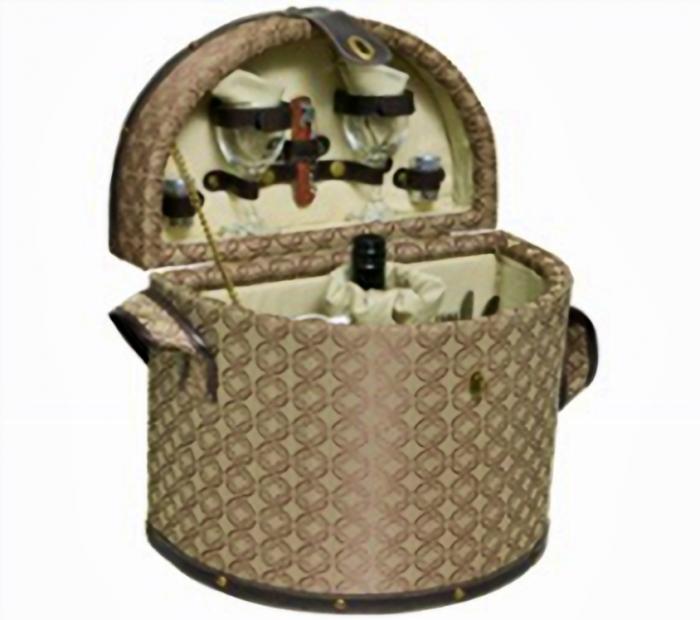 Elegant Wooden Picnic Carrier with Shoulder Strap and Service for Two