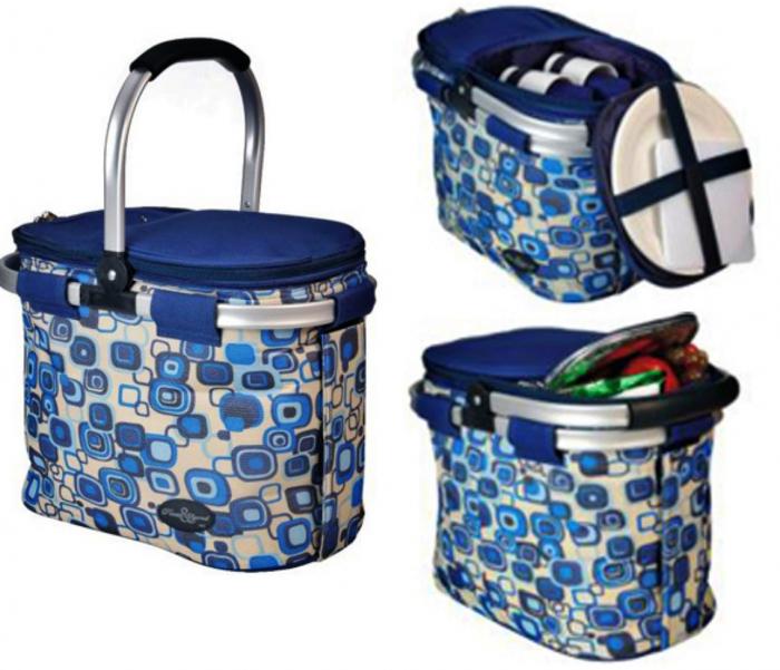Blue Aluminum Framed Picnic Cooler Basket for 2
