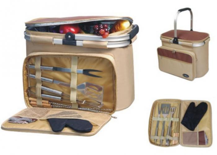 Aluminum Framed Picnic Cooler Basket with BBQ Set