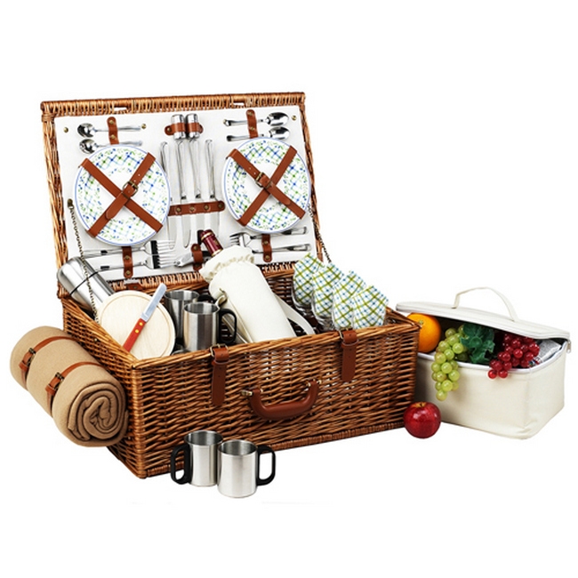 Dorset English-Style Willow Picnic Basket with Service for 4, Coffee Set & Blanket – Gazebo