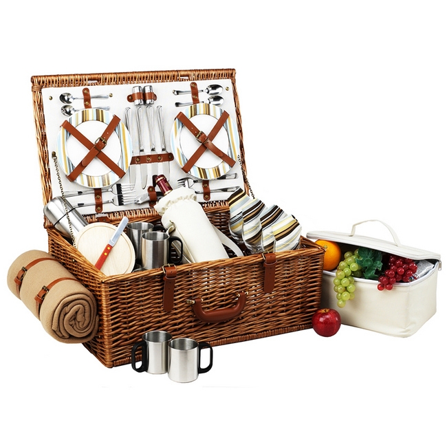 Dorset English-Style Willow Picnic Basket with Service for 4, Coffee Set & Blanket – Santa Cruz