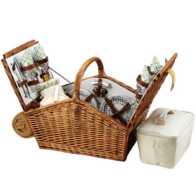 Huntsman English-Style Willow Picnic Basket with Service for 4 and Blanket – Gazebo