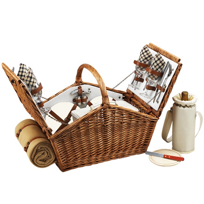 Huntsman English-Style Willow Picnic Basket with Service for 4 and Blanket – London Plaid