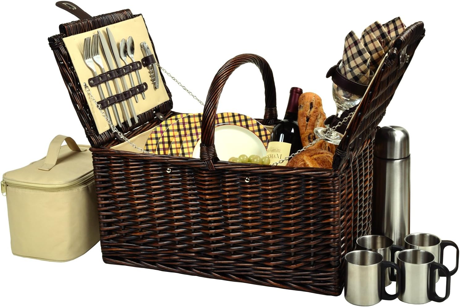 Buckingham Willow Picnic Basket with Service for 4 with Blanket and Coffee Service – London Plaid