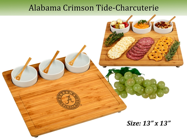 Alabama Crimson Tide Bamboo Charcuterie Board Set with Ceramic Bowls – 13″ x 13″