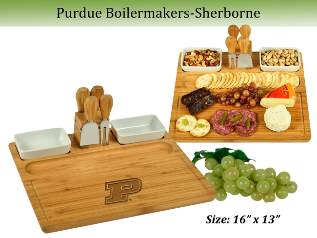 NCAA Purdue Boilermakers  Large Bamboo Charcuterie Board Set with Bowls &  Cheese Tools – 15″ x 14″