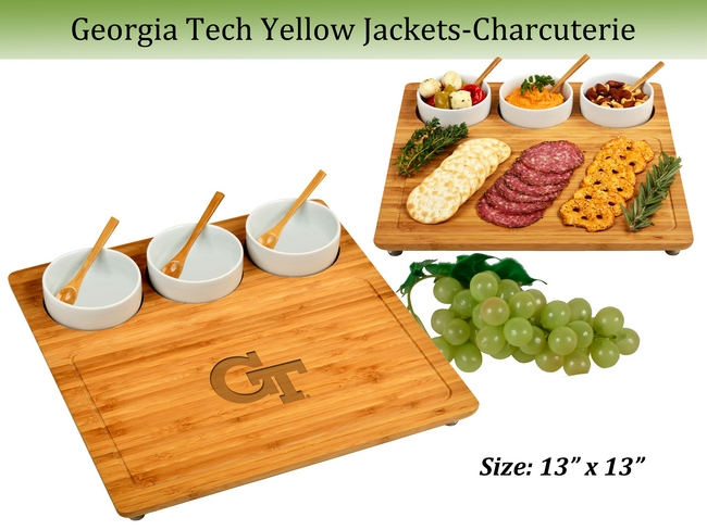 NCAA Georgia Tech Yellow Jackets Bamboo  Charcuterie Board Set with Ceramic Bowls – 13″ x 13″