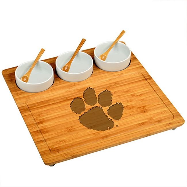 NCAA Clemson Tigers Bamboo  Charcuterie Board Set with Ceramic Bowls – 13″ x 13″