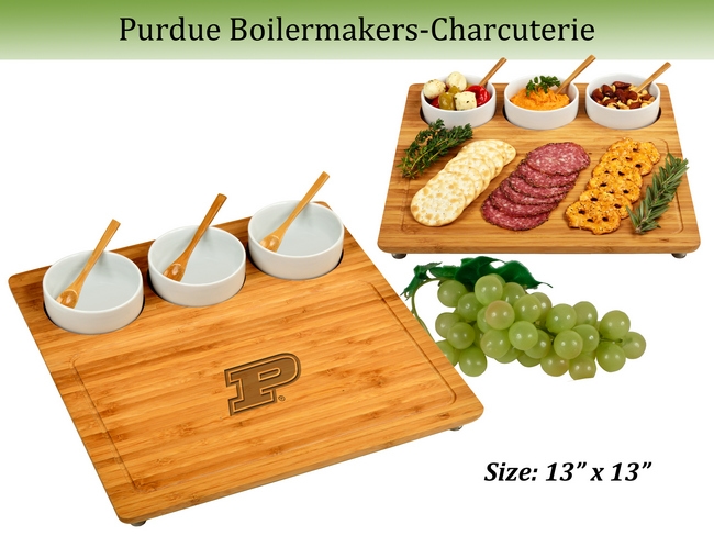 NCAA Purdue Boilermakers Bamboo Charcuterie Board Set with Ceramic Bowls – 13″ x 13″